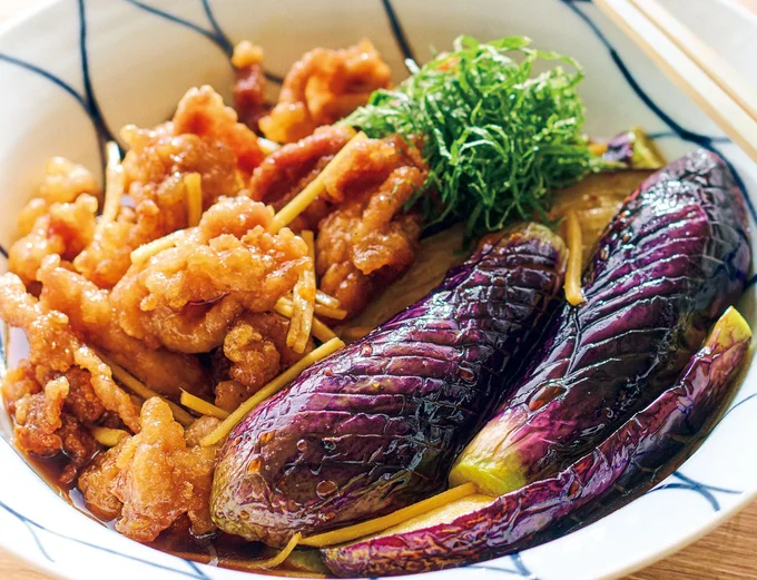 【油は少量でOK】なす×お肉でボリュームたっぷり！食欲そそる「揚げびたし」