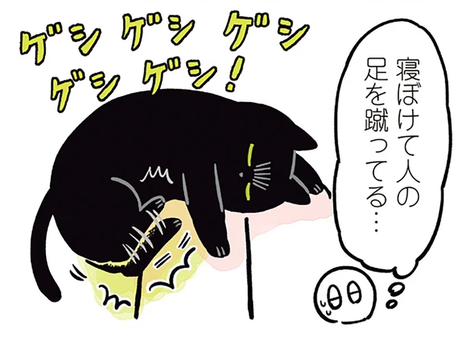 寝ぼけて人の足を蹴ってる…