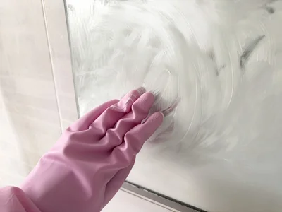 円を描くように、歯磨き粉を鏡に塗り広げる（▶次へ）
