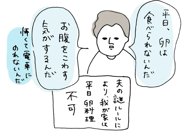 【イラストを見る】電車に乗れない…!?夫の謎ルールにより平日は卵不可
