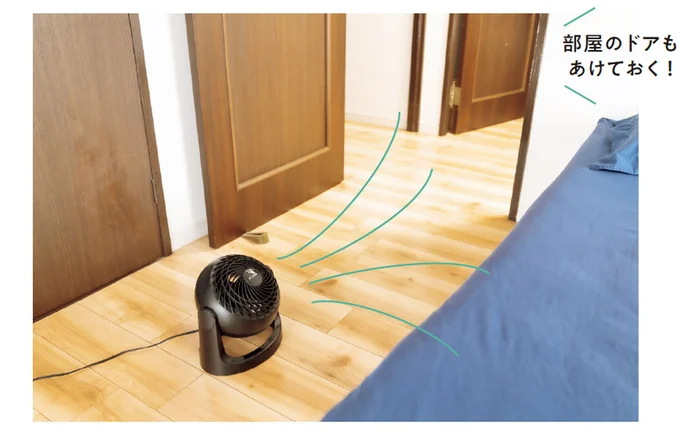 窓をあけられなくても、サーキュレーターや扇風機で部屋の中の空気を循環させましょう
