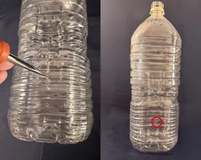 ペットボトルの底から6㎝の部分に穴を開けると…（▶次へ）
