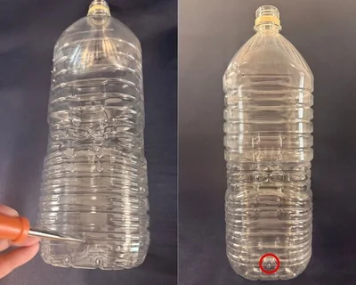 ペットボトルの底から2㎝の部分に穴を開けると…（▶次へ）