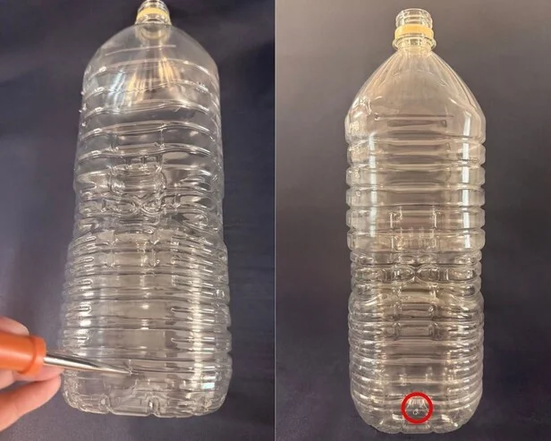 ペットボトルの底から2㎝の部分に穴を開けると…（▶次へ）