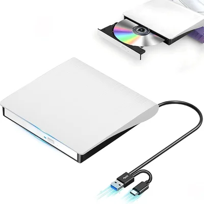 CD DVDドライブ 外付けDVDドライブ 高速処理 8XDVD& 24XCD 光学ドライブ外付け 読取/書込可 バスパワー USB 2.0/3.0&Type-C両接続 外付けCDドライブ Window/Vista/Linux/Mac OS対応 MAC CDドライブ 外付け DVD/CDドライブ 極静音 薄型ポータブル (ジェットブラック) (ホワイト)