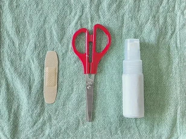 絆創膏のほかにハサミと消毒液を用意(▶次へ)