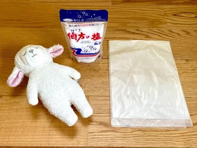 準備するのは粗塩とぬいぐるみが入るビニール袋（▶次へ）