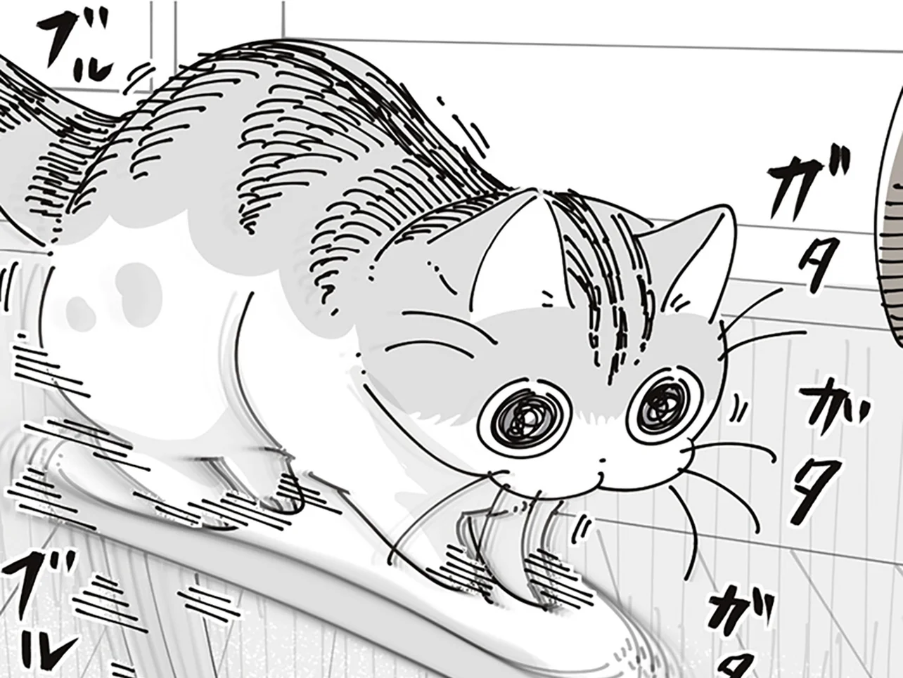 ひじかけに乗り、ブルブルガタガタするネコ。困っているようには見え