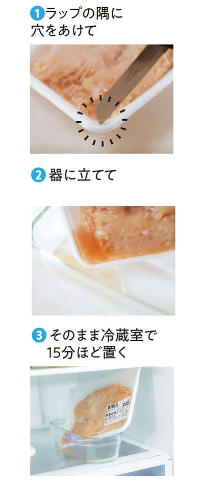 傷みやすいとり肉は、なるべくすぐパックのままドリップをしっかり切る（1）ラップの隅に穴をあけて（2）器に立てて（3）そのまま冷蔵室で15分ほど置く