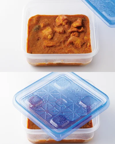 【10】保存したものを食べるときは、冷凍したカレーは電子レンジ（500W）で5分加熱した後、よく混ぜてさらに3分加熱したらできあがり。