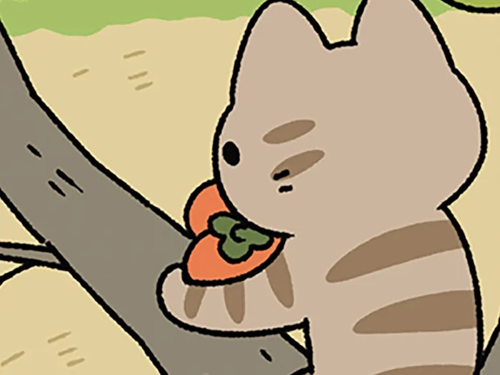 【さるかに合戦なねこ】柿を持って木から降りてこないねこ。カニは邪推するも、あれ？