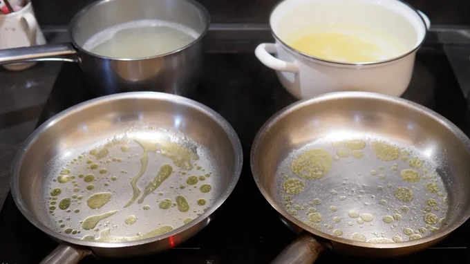 写真奥の鍋ではパスタをゆでており、一方には小麦粉が入っている(シェフ撮影)