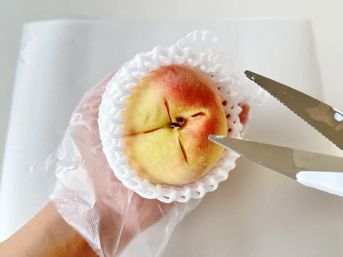 キッチンバサミで十字になるように切り込みを入れます(▶次へ)