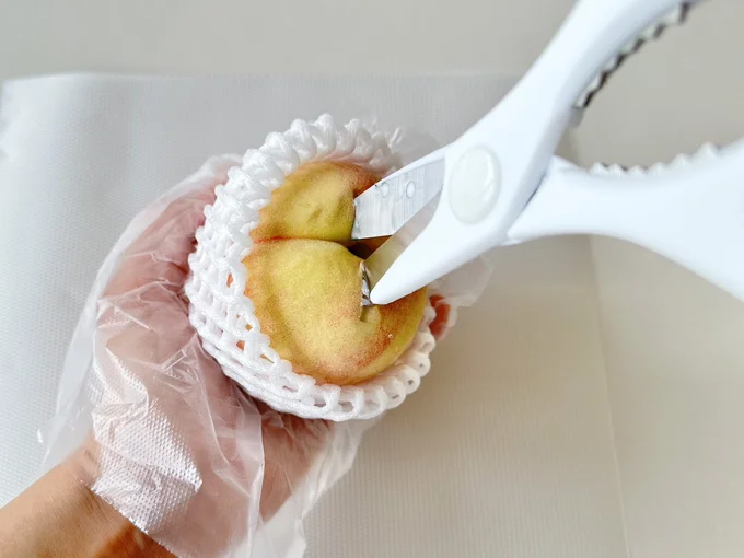切れ目からキッチンバサミを差し込んで、刃先で種をはさんで…(▶次へ)