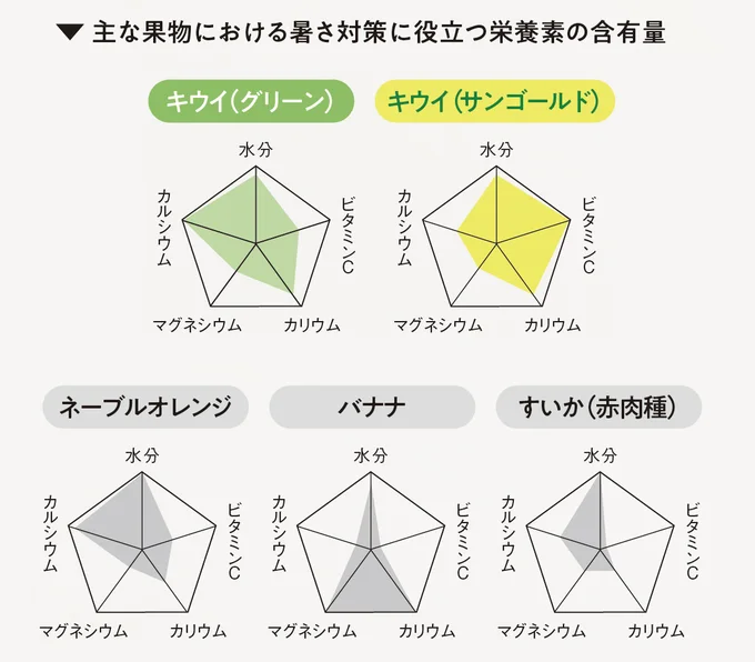 主な果物における暑さ対策に役立つ栄養素の含有量 (数値は、栄養素含有量がいちばん多い果物を100とした場合のそれぞれの比率を示したもの) ゼスプリ・グリーンキウイおよびゼスプリ・サンゴールドキウイ:The New Zealand Institute for Plant and Food ResearchLimited and the Ministry of Health(New Zealand):New Zealand Food Composition Data.その他の果物:日本食品標準成分表 (八訂) 増補2023年