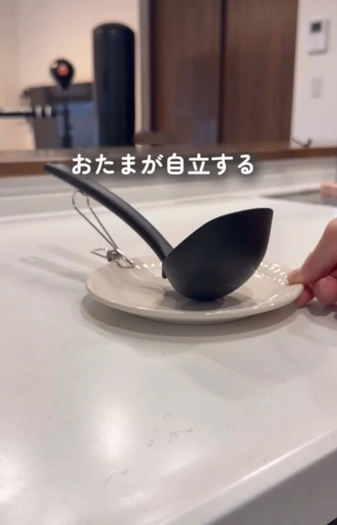 お玉スタンドに▶(次画像から財布も人生も豊かになるお金の整え方!『物事を「いる・いらない」に分けただけで、貯金ゼロから「貯められる人」になりました』が読めます)