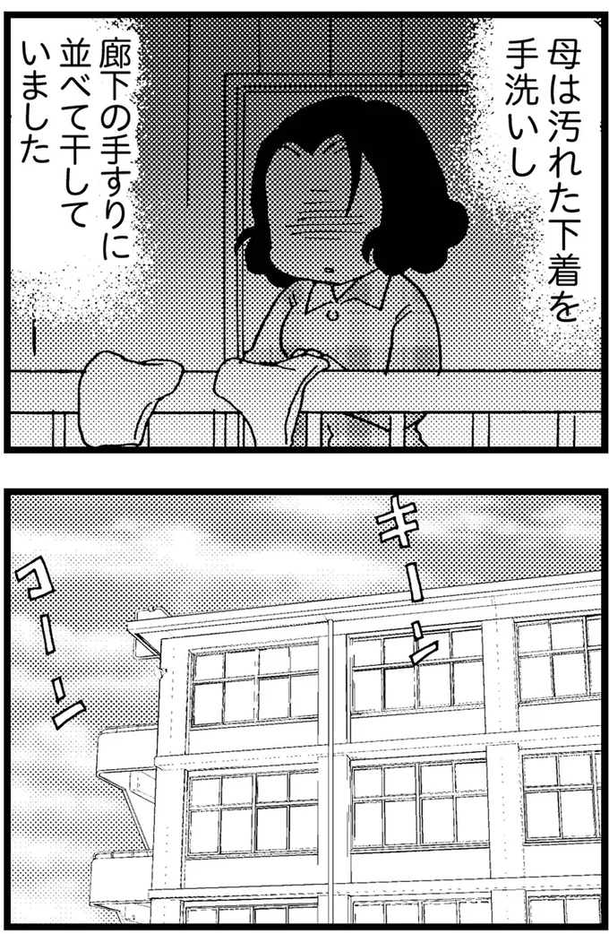 母は汚れた下着を手洗いし廊下の手すりに並べて干していました