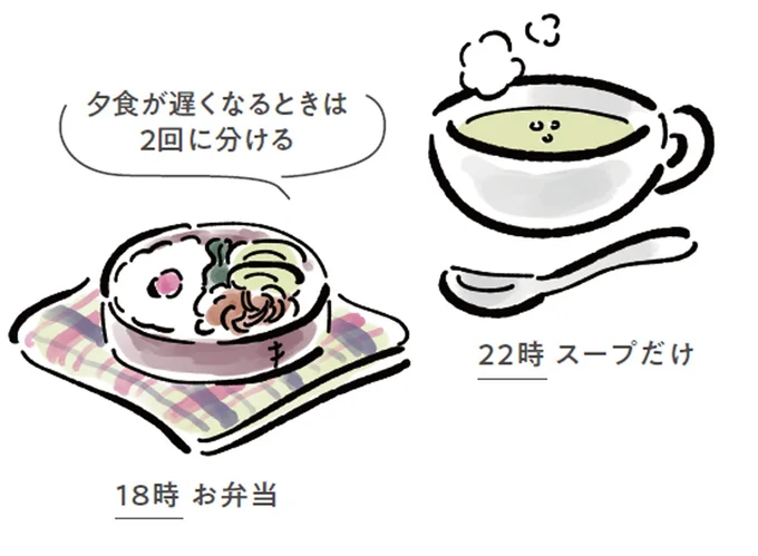 夕食が遅くなるときは18時ごろしっかり食事をとり、帰宅してからはスープなど、消化のいいもので空腹を落ち着かせて
