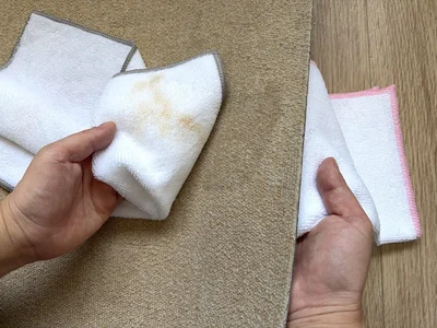 乾いたクロスでたたいて、汚れを吸い取る（▶次へ）