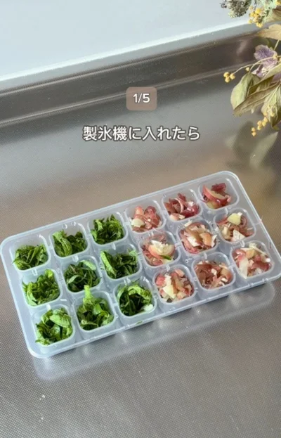 薬味を製氷皿に入れる▶水を注いで冷凍すれば…（⇒次へ）