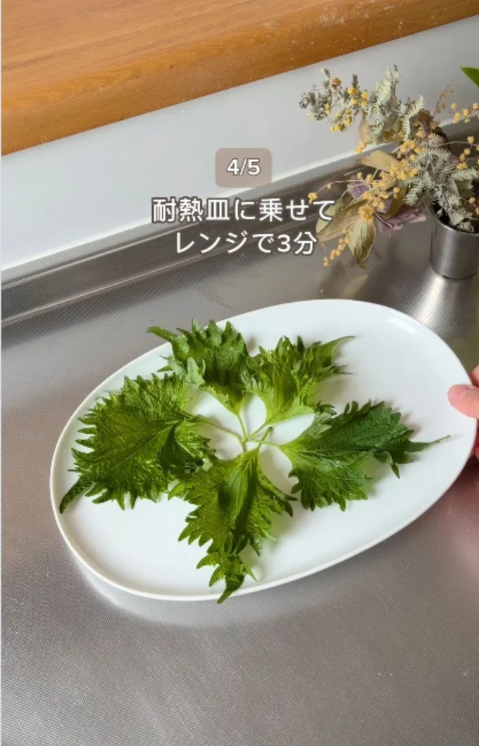 大葉をレンチンする▶大葉が乾燥したら…(⇒次へ)