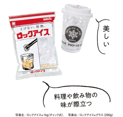 写真左／ロックアイス®1kg（チャック式）、写真右／ロックアイス®グラス（ 200g）