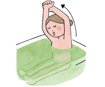 頭上で両手を組み腰を伸ばして左右に倒す、腰まわりをほぐすストレッチ