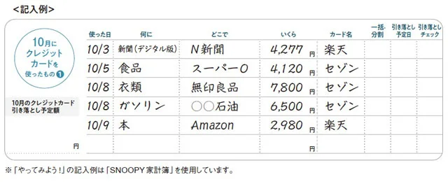 クレカを使った項目と金額を書く