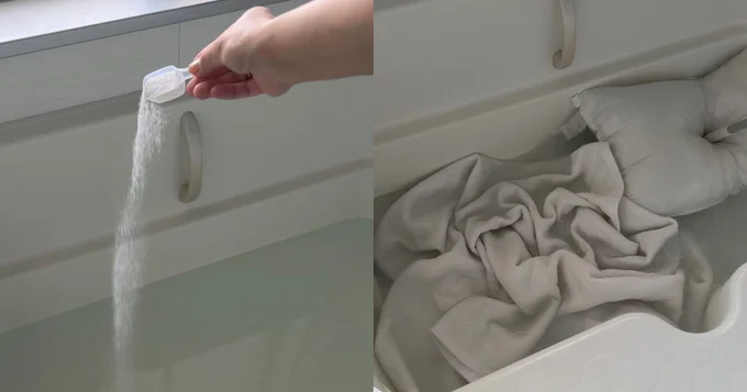40度のお湯をお風呂にはり洗剤を入れて溶かします