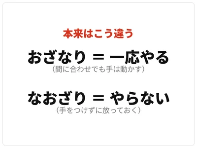 行動が伴うのが「おざなり」、伴わないのが「なおざり」、と覚えておくと区別しやすくなります