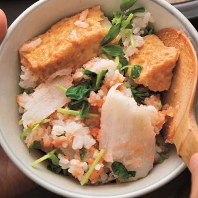 「厚揚げと長いもの明太炊き込みご飯」