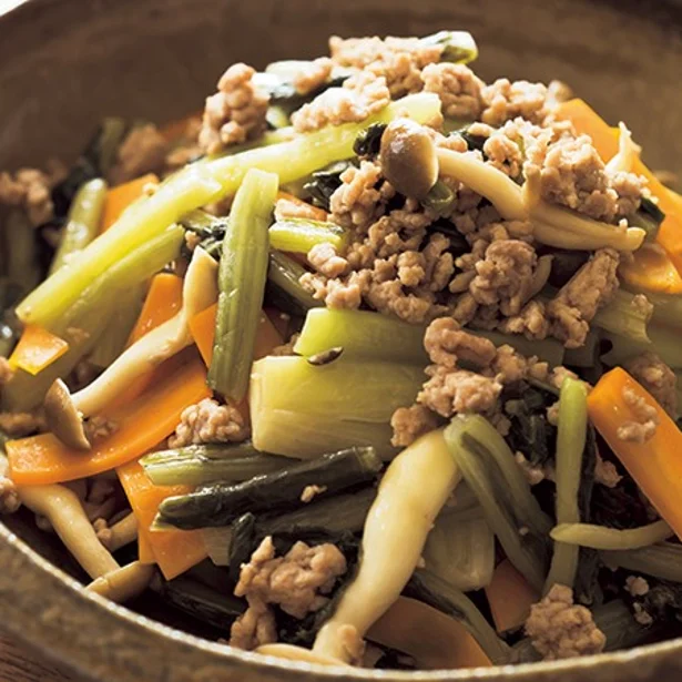 「ひき肉と野菜の野沢菜炒め」