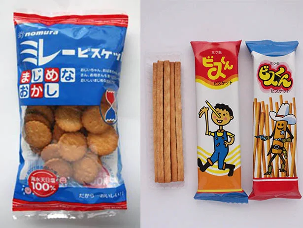 左： ミレービスケット/野村煎豆加工店　右：ビスくん/三ツ矢製菓