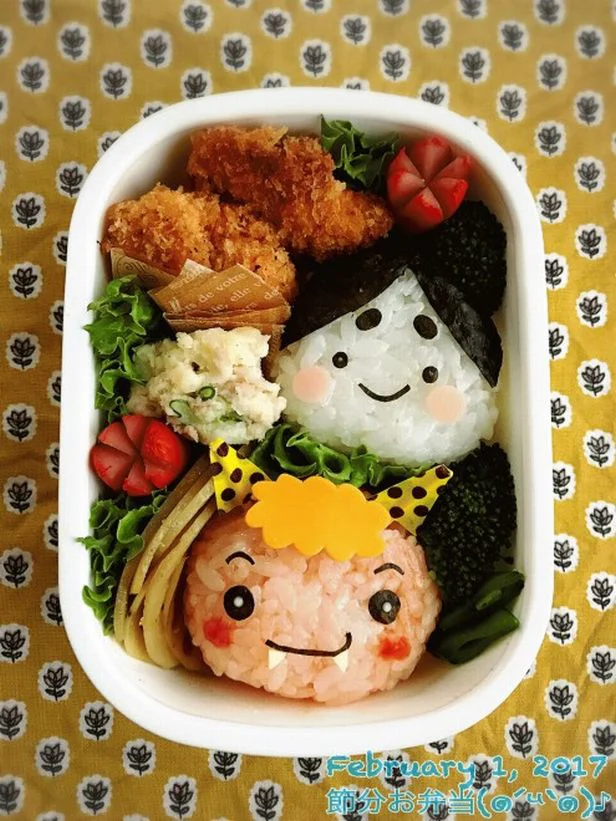 季節の行事も学べちゃう、教育的なお弁当かも。キャラ弁「節分お弁当♪」（ 投稿者：JUNさん）