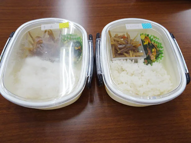 「はやうま冷却」の冷ますモードで5分間あら熱取りしたお弁当（写真右）。右はふたをしても水滴がついていません。これからの季節、食中毒の予防にも効果的。