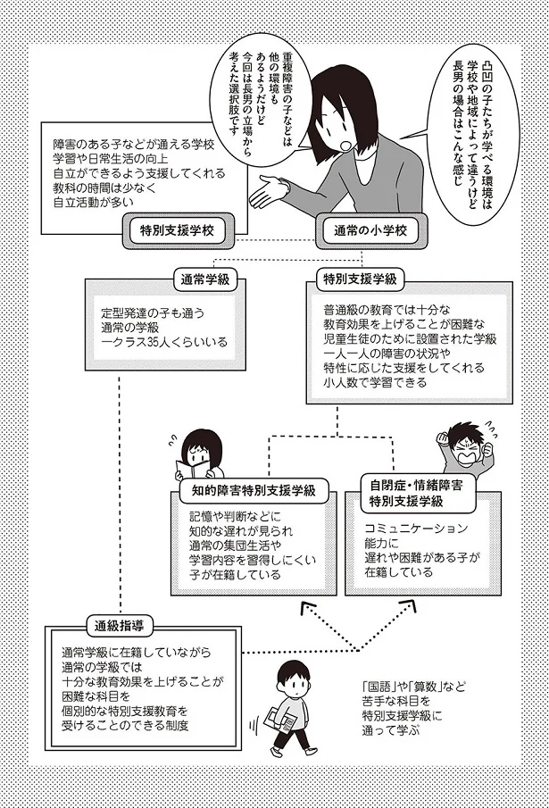 凸凹の子たちが学ぶ環境の選択肢はいくつかある（地域・学校により異なる）