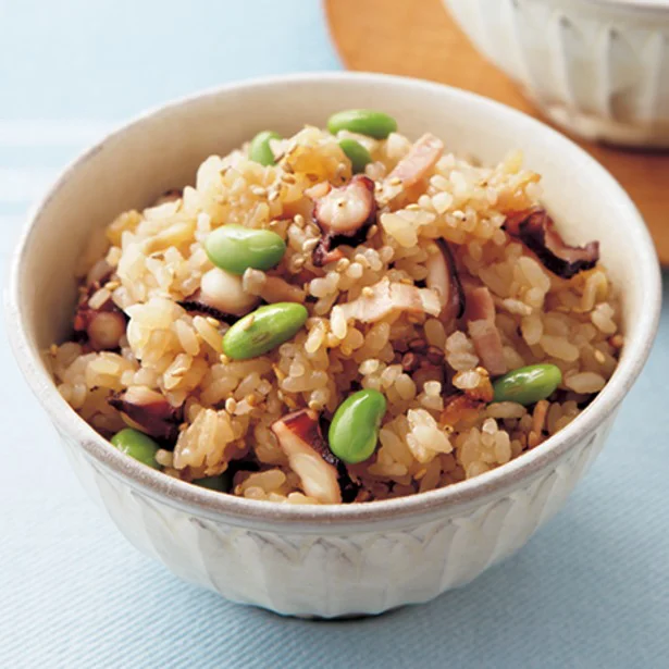 「たことベーコンの炊き込みご飯」