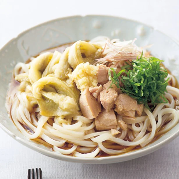 「ツナと焼きなすの薬味うどん」