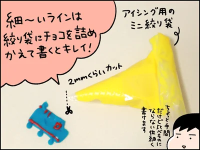 【画像】細〜く絞り出すにはアイシング用のミニ絞り袋がめちゃ便利！こちらも100均