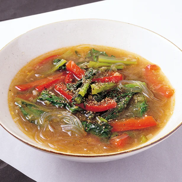 「パプリカと小松菜の黒酢スープ」