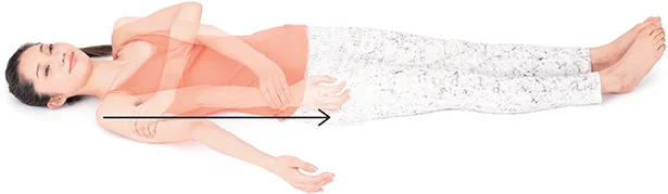 step2▷左手の指の第一関節を曲げた状態で、 右腕のつけ根から手首にかけて圧迫する。 反対の腕も同様に行なう。各1 回。