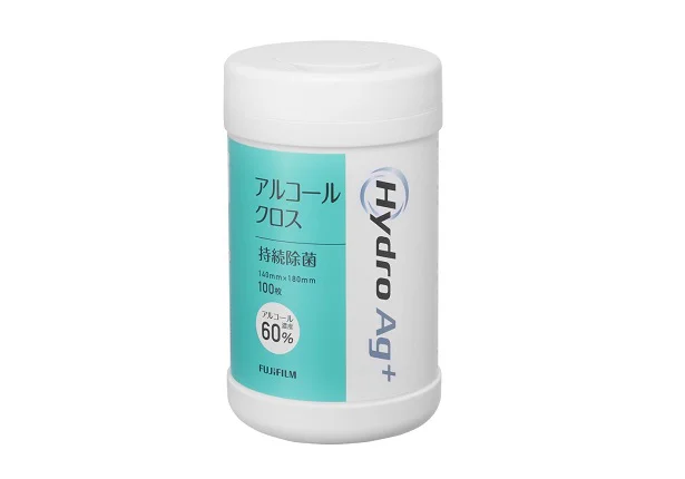 富士フイルム「Hydro Ag⁺」アルコールクロス専用ボトル。100×100×180mm オープン価格