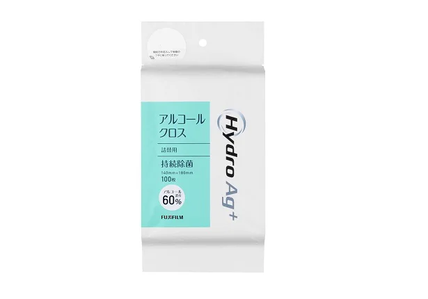 富士フイルム「Hydro Ag⁺」アルコールクロス詰め替え用(100枚入)。125x50x260mm オープン価格