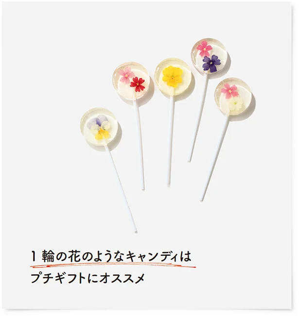 1 輪の花のようなキャンディはプチギフトにオススメ 各360円（税込み）/おうさまのおやつ