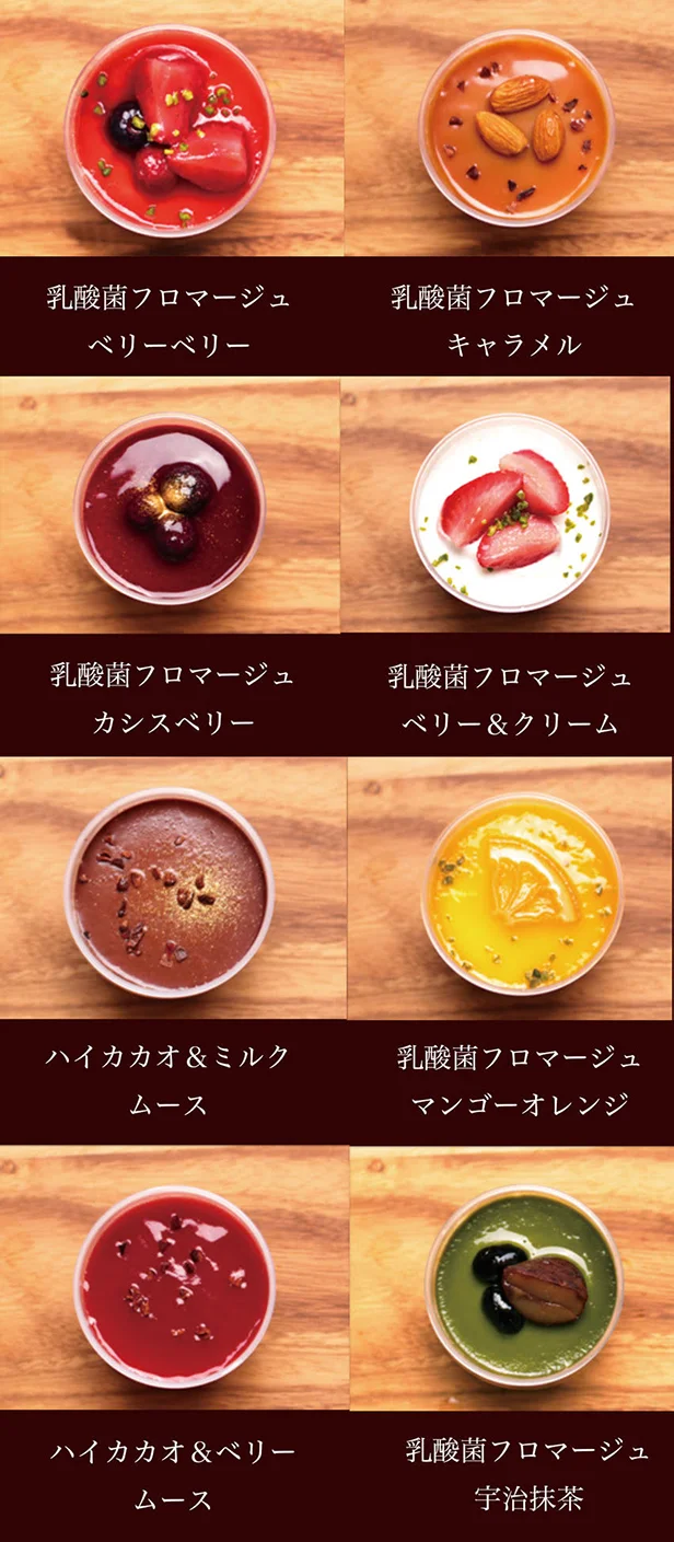 6種の乳酸菌フロマージュ（チーズケーキ） と2種のカカオ100%チョコレートムースのセット。冷凍で届くから便利！