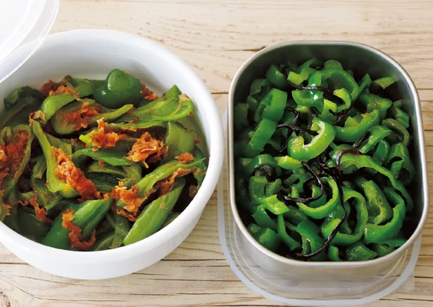お弁当にも使えるお手軽副菜！ピーマン1袋で作るおかか煮と塩昆布あえ