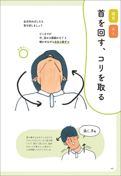 p.42-43の「首を回す、コリをとる」体操。猫背・ストレートネックを改善します