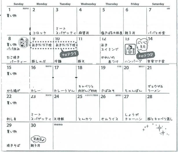 日曜に食材をまとめ買いしたら、1週間分の献立を先に記入。夕食作りがぐんとラクになる！（読者MSさんの活用テクニックより）