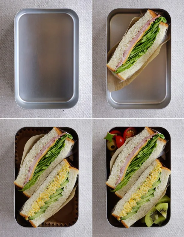 サンドイッチの高さに合わせたお弁当箱（左上）切ったサンドイッチを詰める（右上）二つの切り口を平行に、高さも合わせる（左下）サブのおかずを詰め全体を整える（右下）