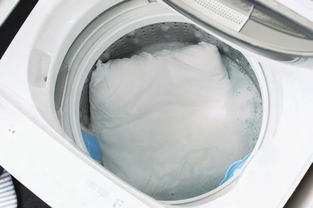洗濯槽を洗いおけ代わりに。規定量のおしゃれ着用洗剤と水で洗剤液を作り、クッションを浸す